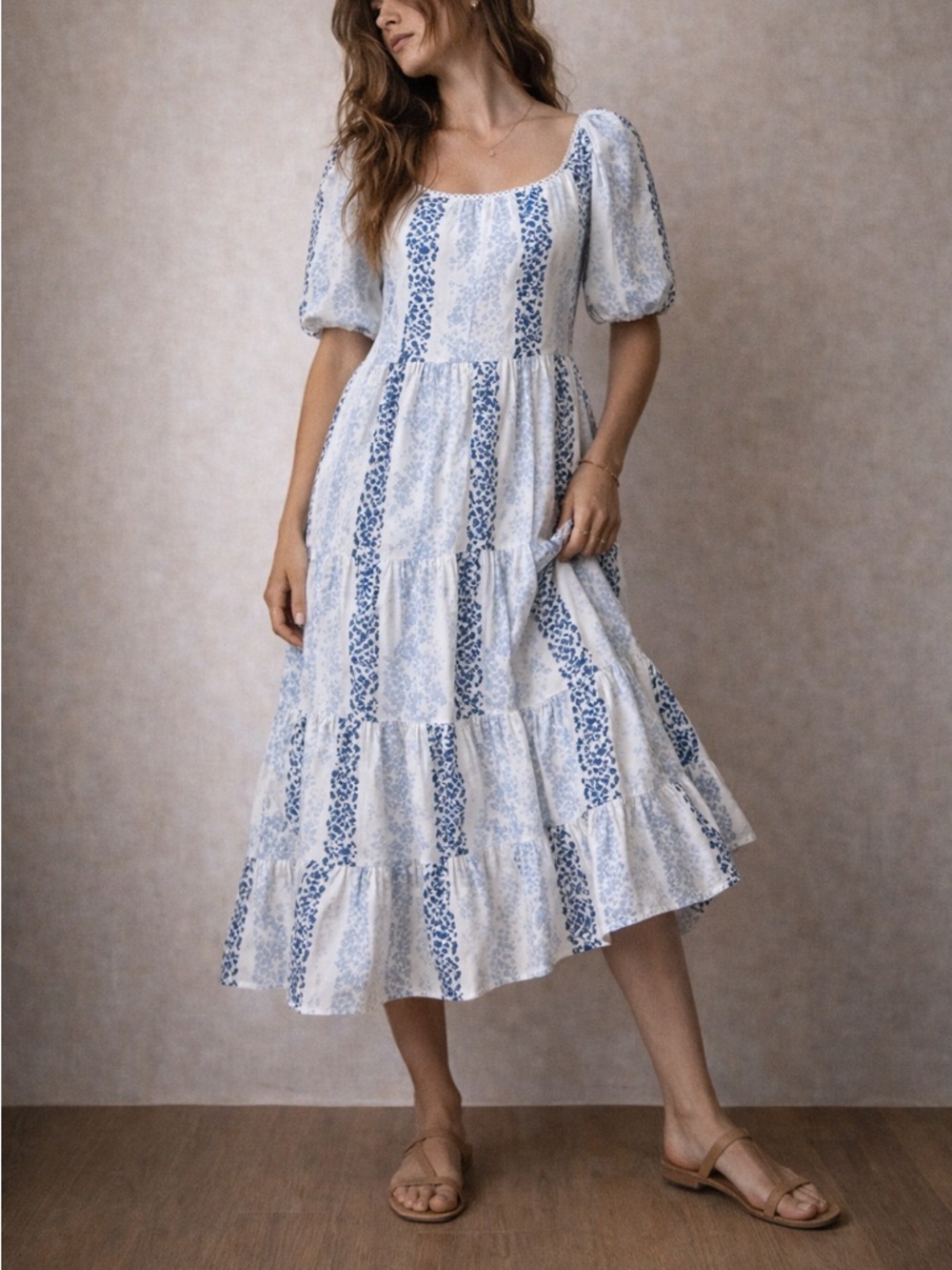 Zara Blue Floral Tiered Midi Dress XS Puff Sleeve Cottagecore Prairie